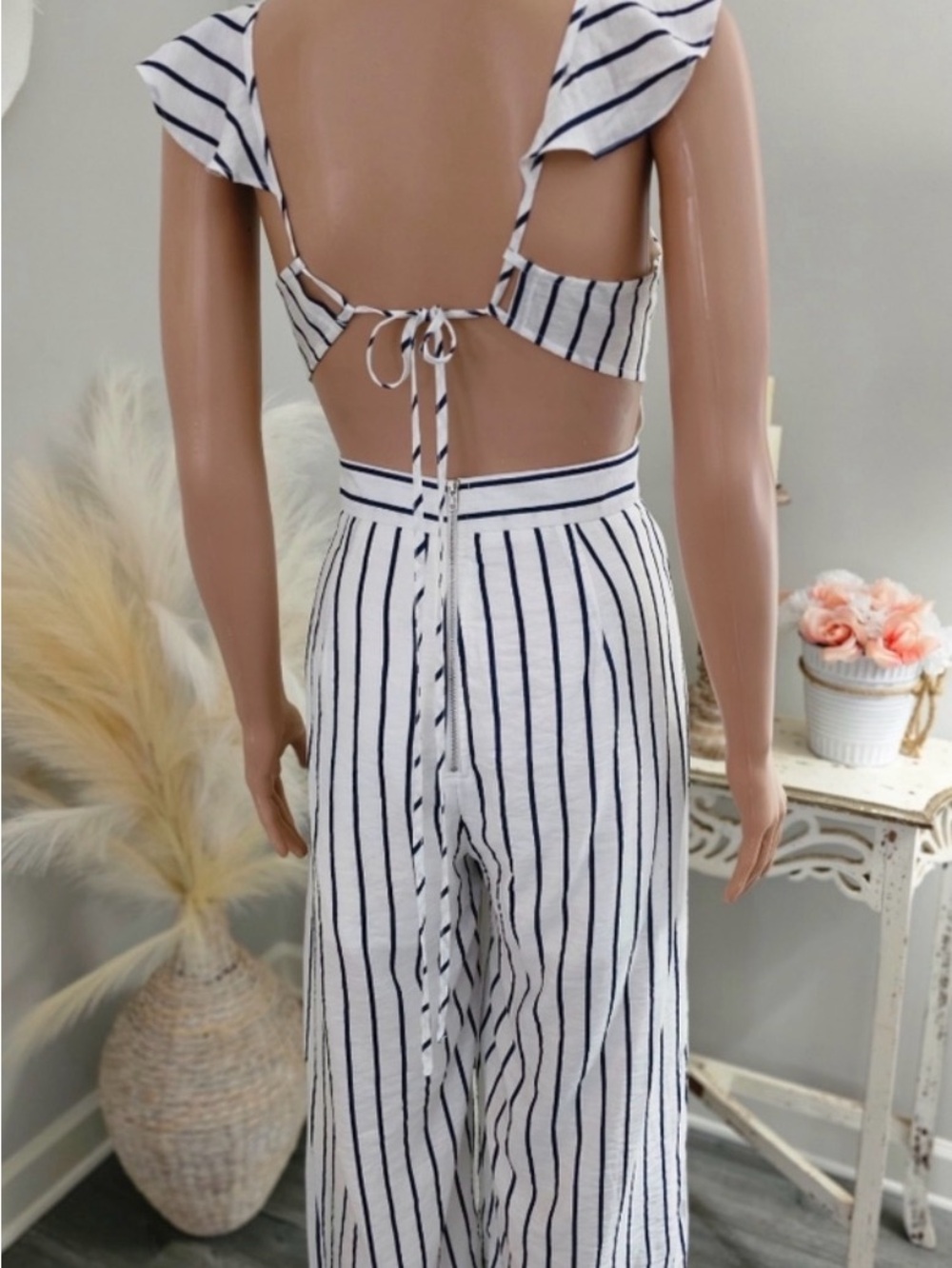 Striped White & Navy Wide-Leg Jumpsuit - Picture 2 of 5